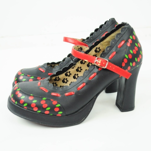 T.U.K Shoes - TUK Mary Jane Heels 8 Black Red Cherry Pin Up